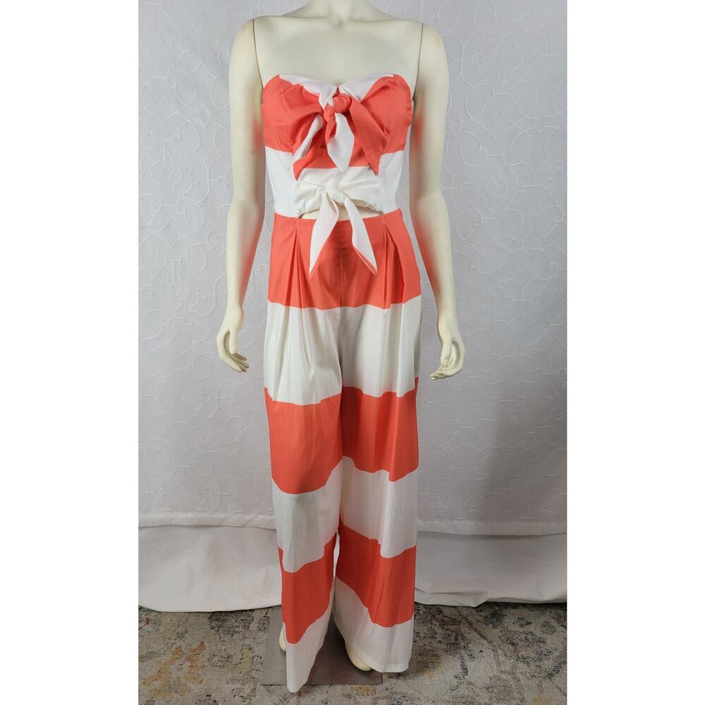 Must Haf Womens Jumpsuit Size M Orange White Striped Strapless Bow Front NEW